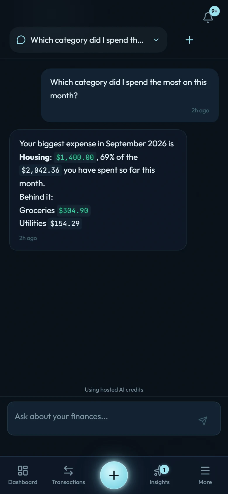 The AI chat answering “Which category did I spend the most on this month?” with Housing $1,400.00, 65% of $2,151.64, then Groceries and Utilities