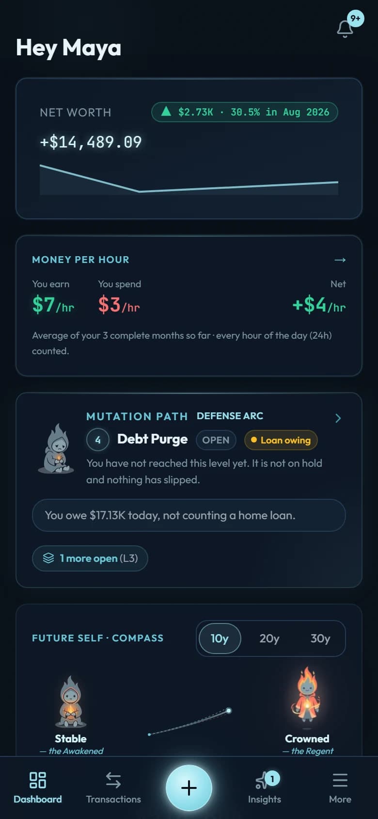 The Wealth Mutant dashboard on a phone: net worth, money per hour, the active Mutation Path quest and the Future Self compass