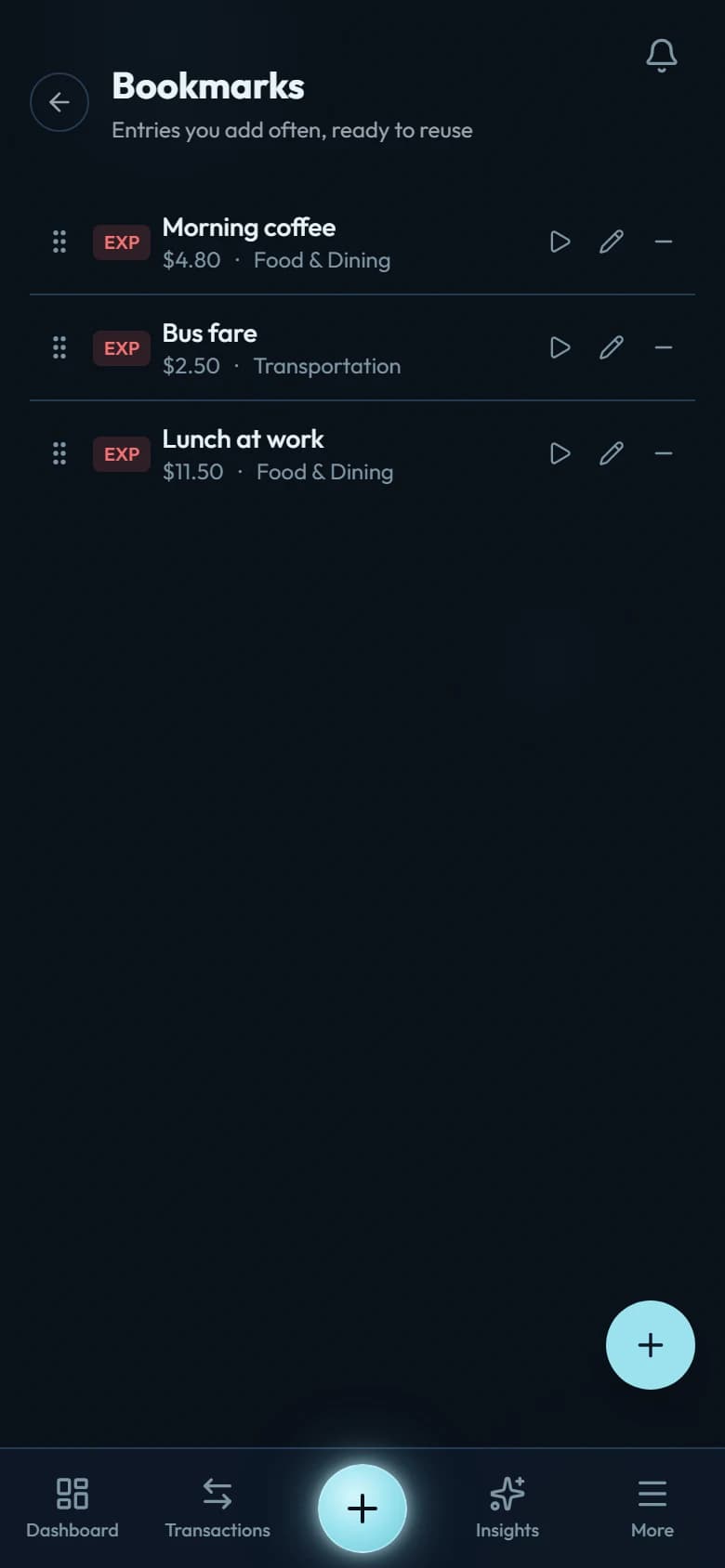 The Bookmarks list in Settings: morning coffee, bus fare and lunch at work, each saved with its amount and category