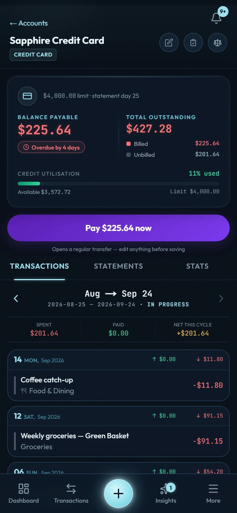 A credit card's page in Wealth Mutant: the balance payable with its due date badge, what is billed and what is not yet billed, credit use against the limit, and a Pay now button