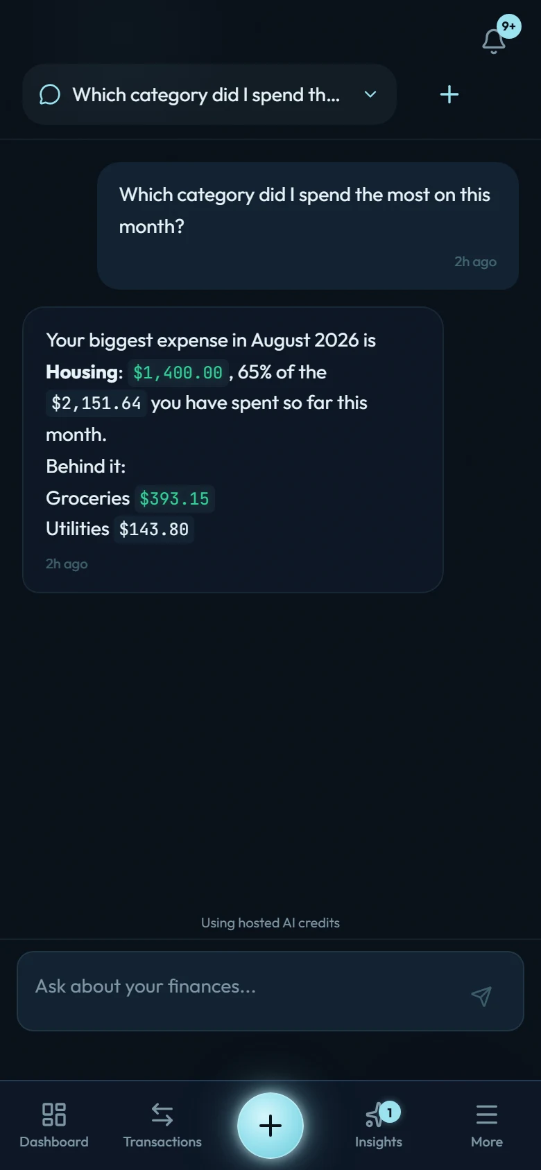 The AI chat answering “Which category did I spend the most on this month?” with Housing $1,400.00, 65% of $2,151.64, then Groceries and Utilities