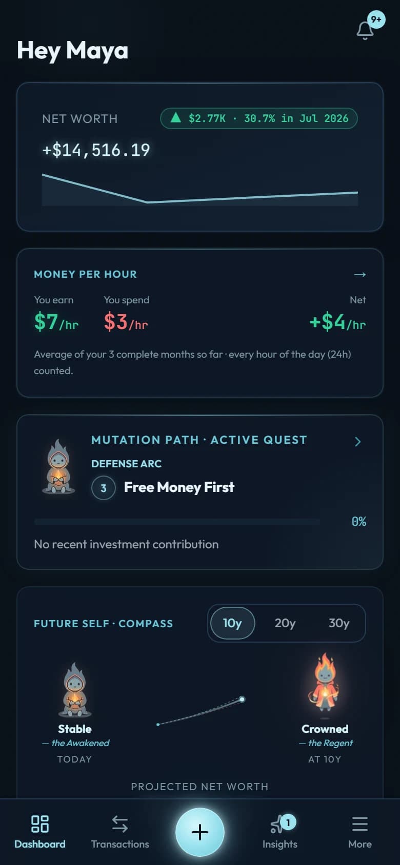 The Wealth Mutant dashboard on a phone: net worth at the top, money per hour beneath it, the active Mutation Path quest, and the Future Self compass