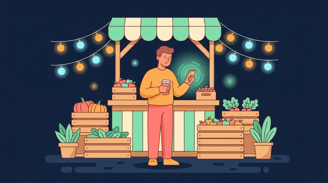 A person at a cozy market stall under warm string lights, coffee in one hand and phone in the other, tapping a quick entry with a small contented smile as a soft glow rings the screen