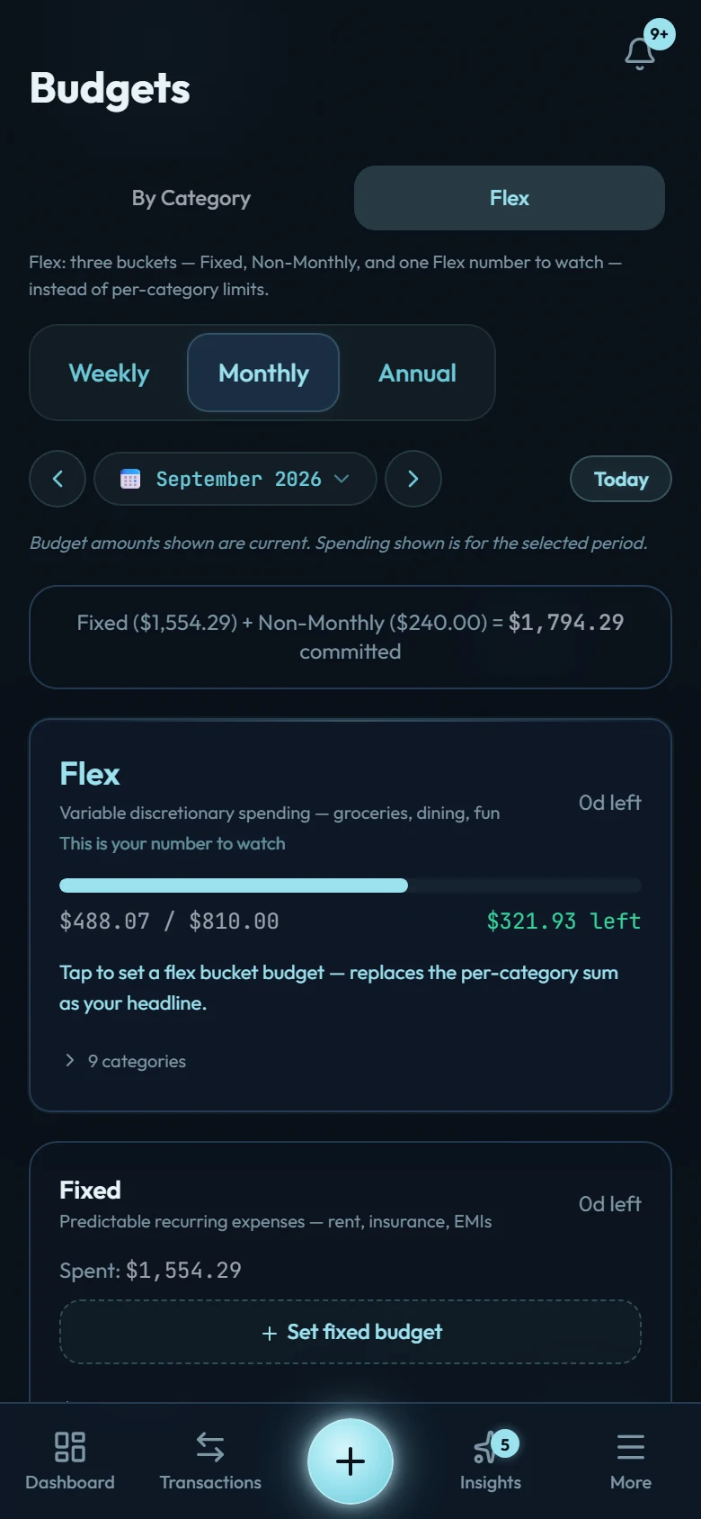 The Budgets screen in Flex view for September 2026: Fixed ($1,554.29) plus Non-Monthly ($240.00) comes to $1,794.29 committed, and the Flex card shows $488.07 of $810.00 spent with $321.93 left