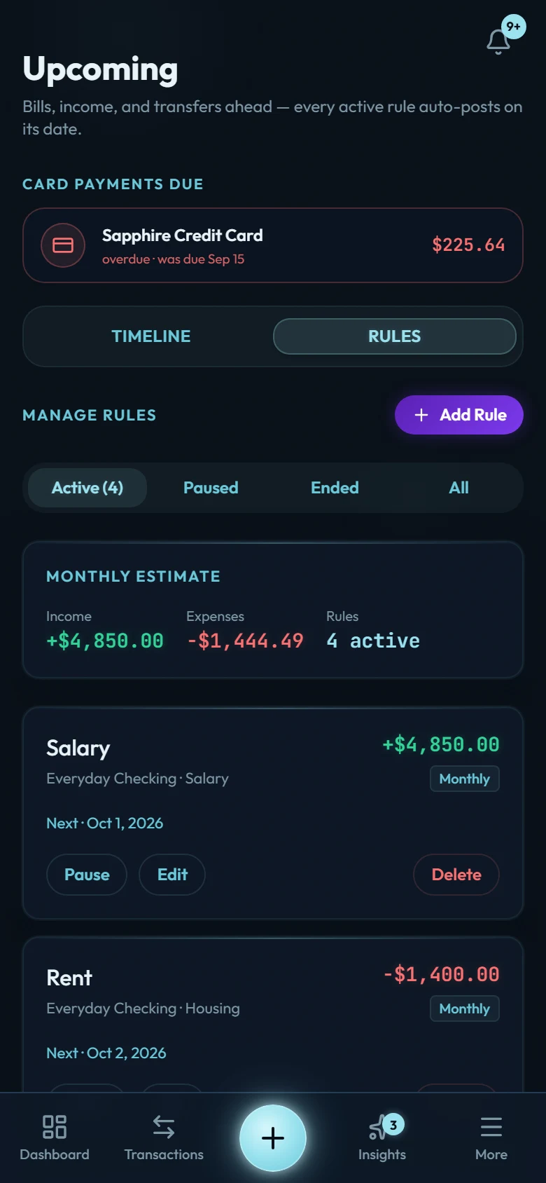 The Upcoming screen in Wealth Mutant, Rules tab: a monthly estimate showing income, total expenses and the number of active rules, above the individual rules with their next dates