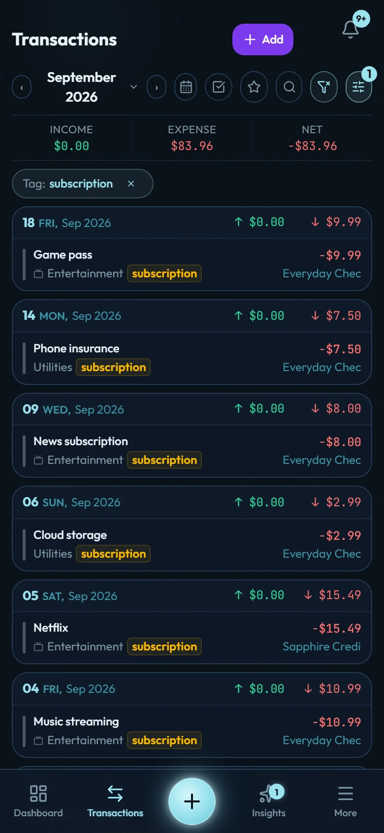 The Transactions screen in Wealth Mutant filtered by the tag subscription: a chip reading Tag: subscription, the month's totals showing 83.96 of expense, and the matching rows — game pass, phone insurance, news, cloud storage, Netflix and music streaming — each with its own category and account