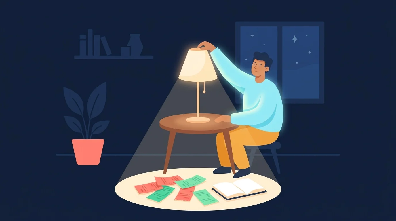 A person calmly switching on a warm desk lamp, its light falling over a small scattered pile of receipts and a notebook, making them look ordinary and harmless