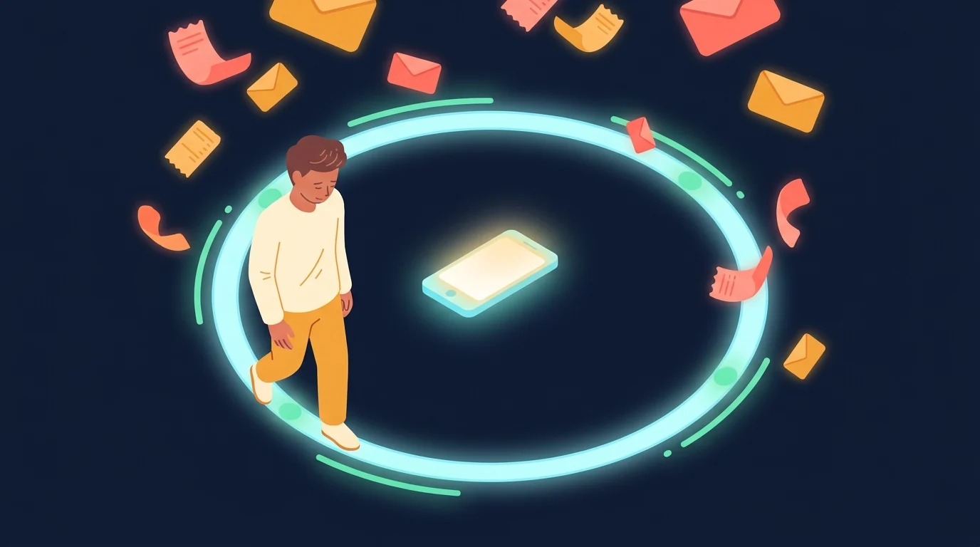 A person walking head-down along a glowing circular path, orbiting a softly glowing phone at the center that they are avoiding, while bills and receipts drift down around the loop