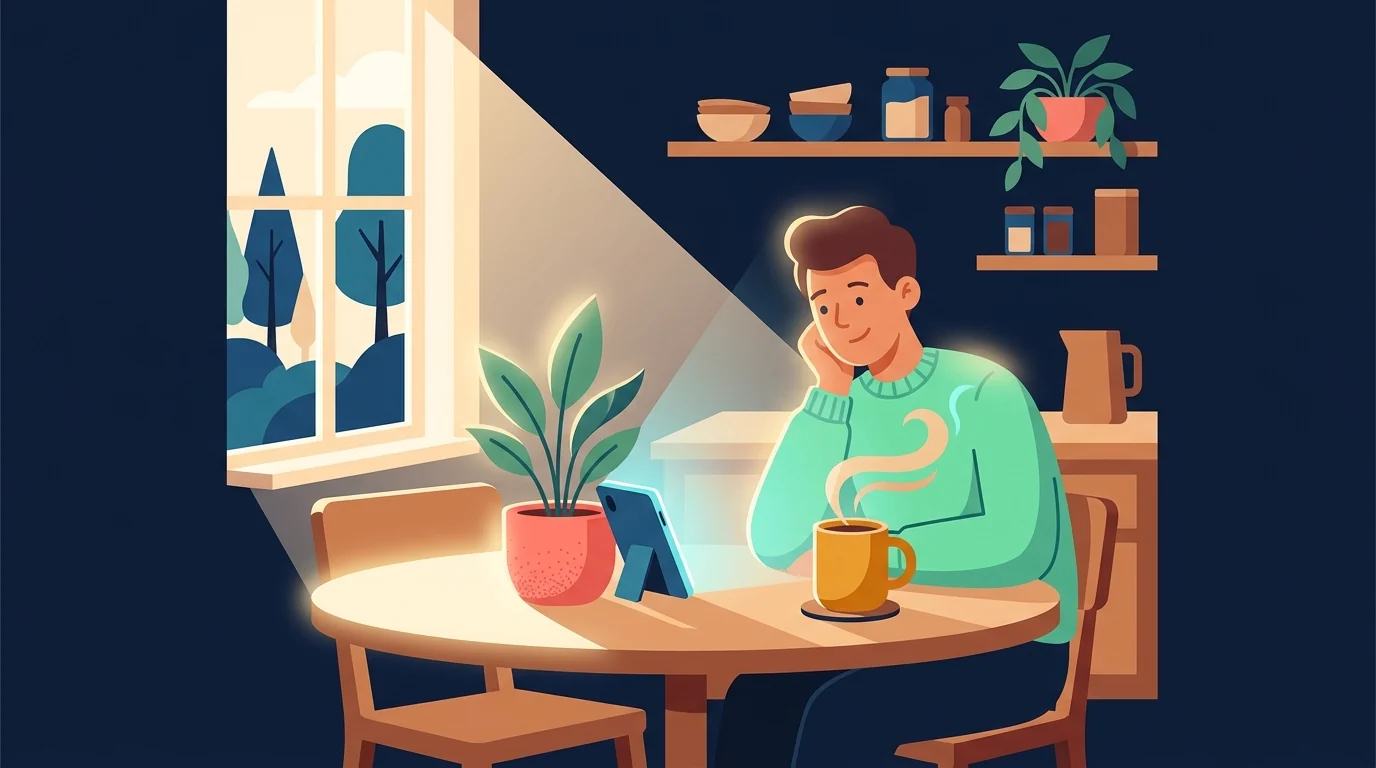 A relaxed person at a bright kitchen table with a steaming mug of coffee, glancing at their phone with a slight smile in warm morning light