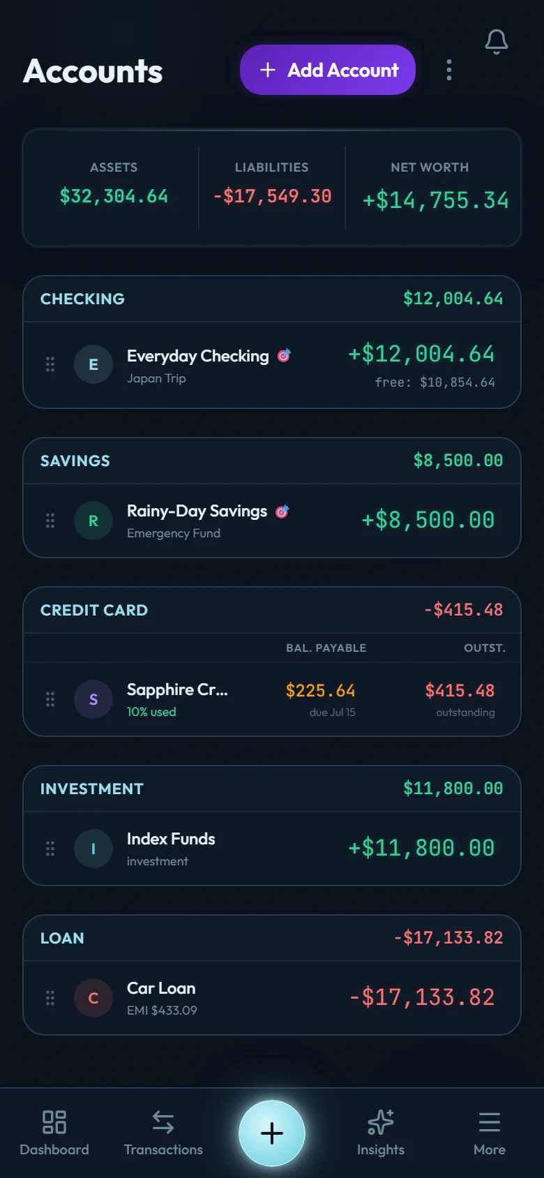 The Accounts screen showing checking, savings, credit card, investment, and loan accounts grouped by type with their balances