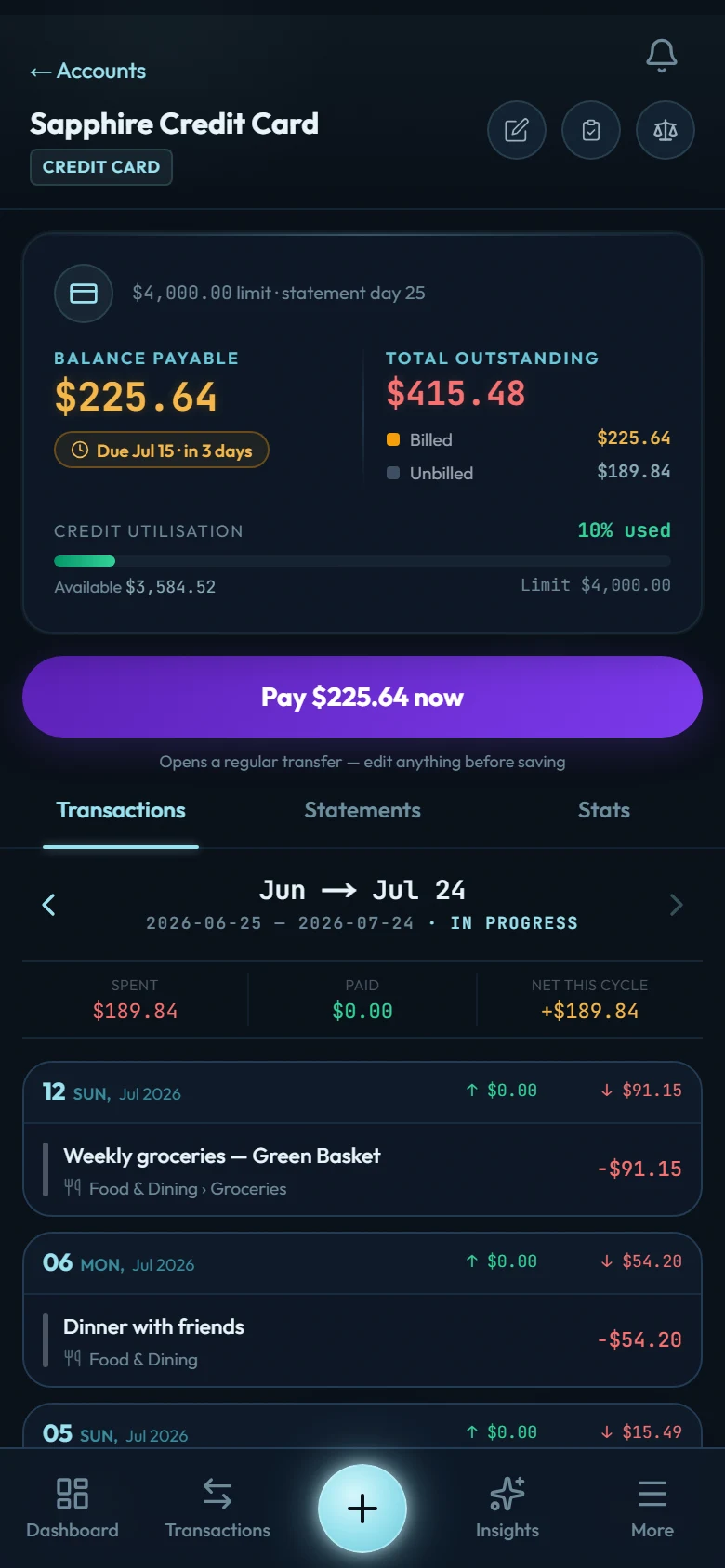 A credit card account's detail view showing balance payable with a due date badge, billed versus unbilled amounts, credit utilisation, and a Pay now button