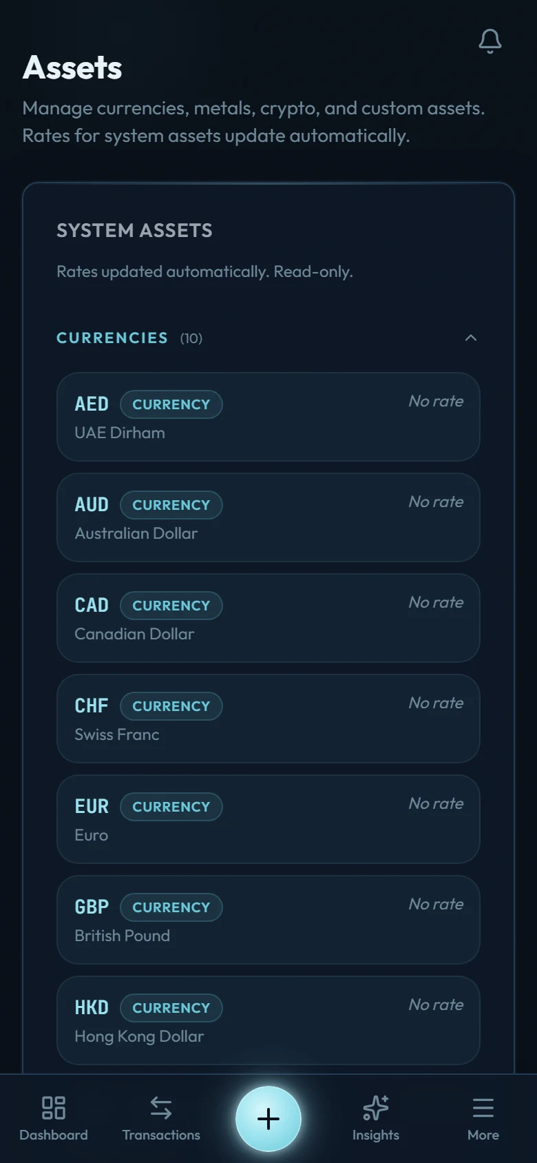 The asset settings screen with sections for currencies, metals, and crypto system assets plus user-defined custom assets