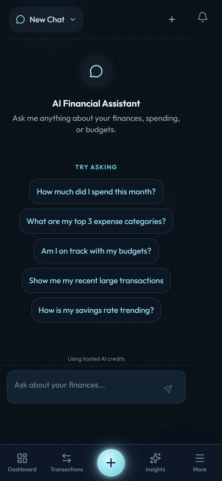 The AI chat screen with a message input and suggested starter questions about your finances