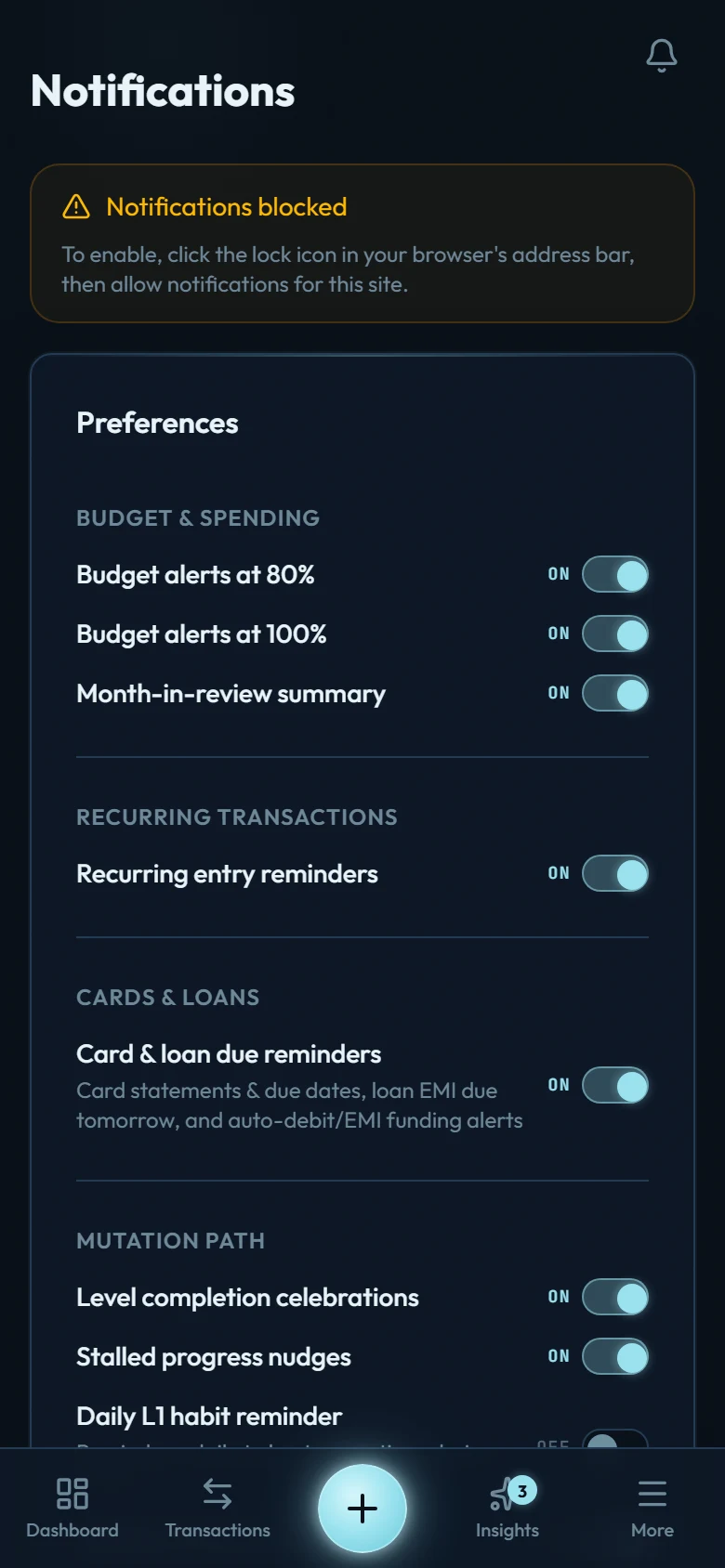 The notification settings screen with per-type toggles and a reminder time picker