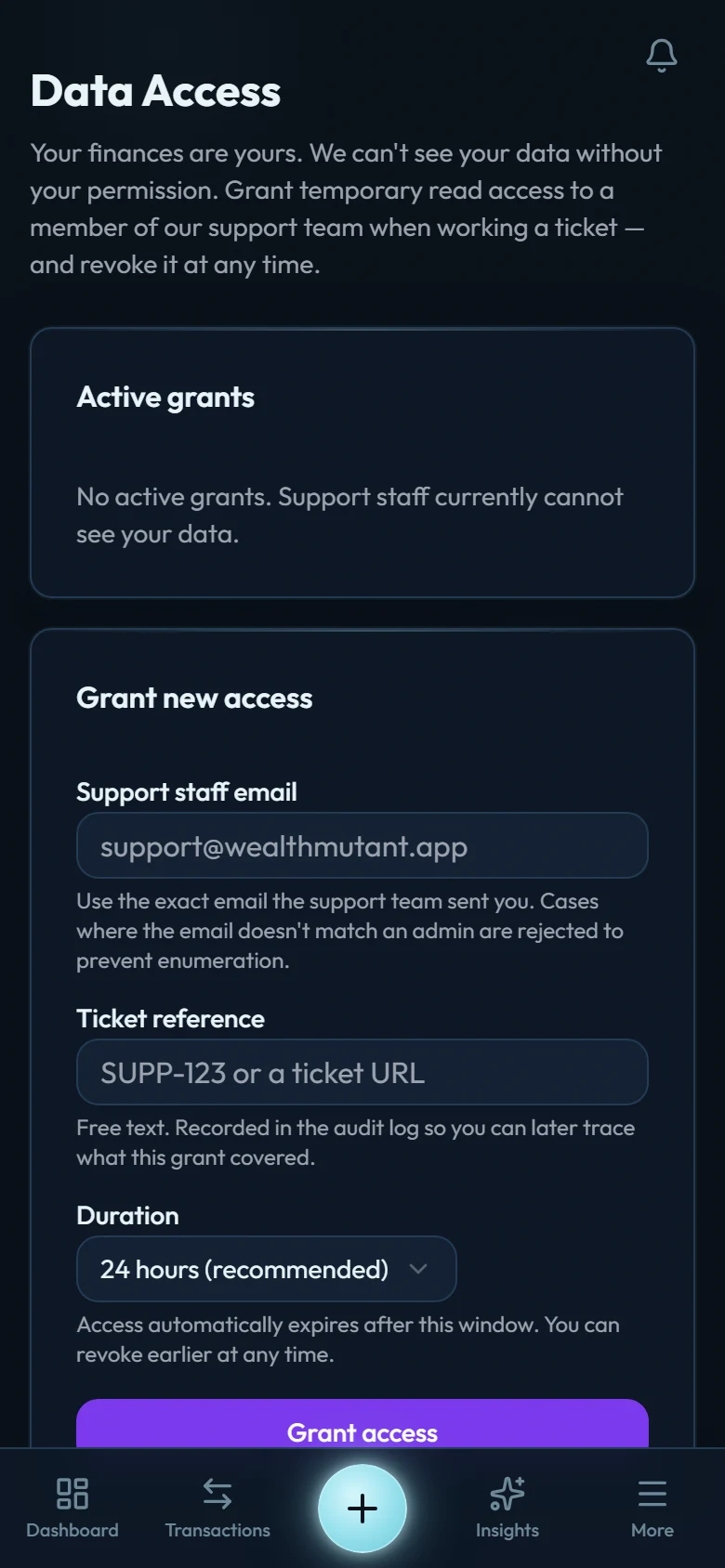 The Data Access settings screen where a user can grant and revoke time-limited support access