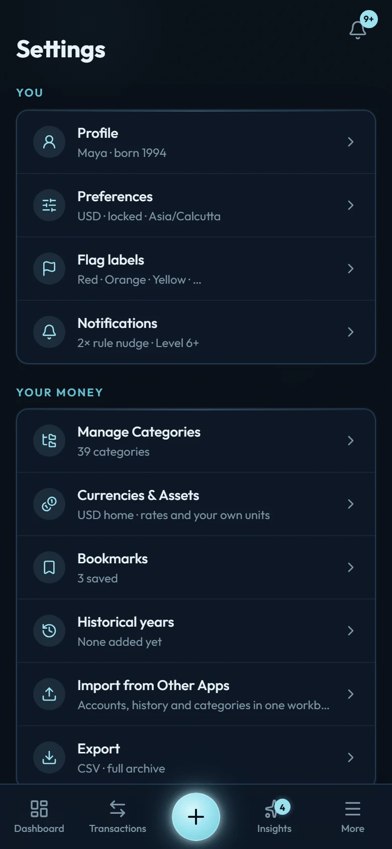 The Settings screen: four groups of rows, one per destination, with Export and Delete Account under Data