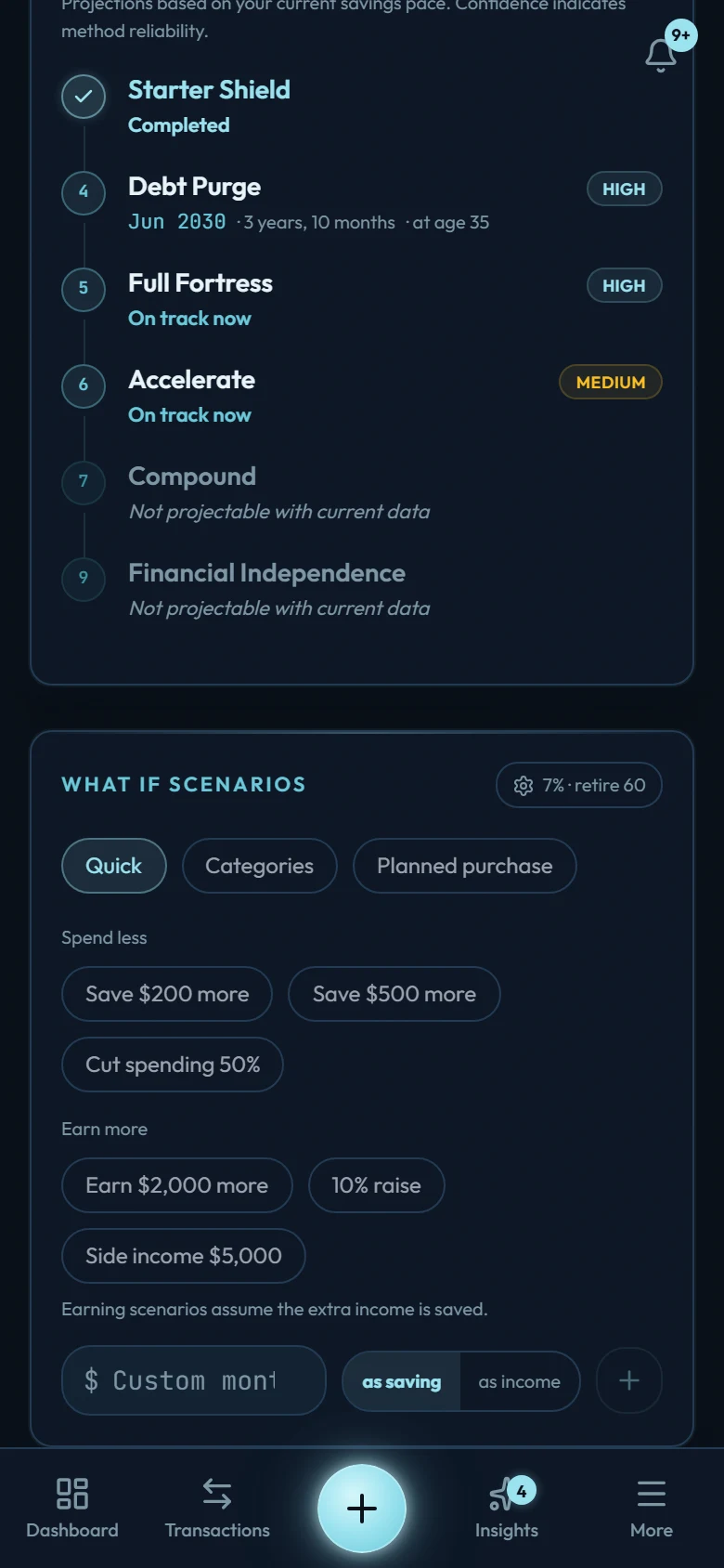 The What If panel on the Future Self page: change one habit and see the 10, 20 and 30 year figures move