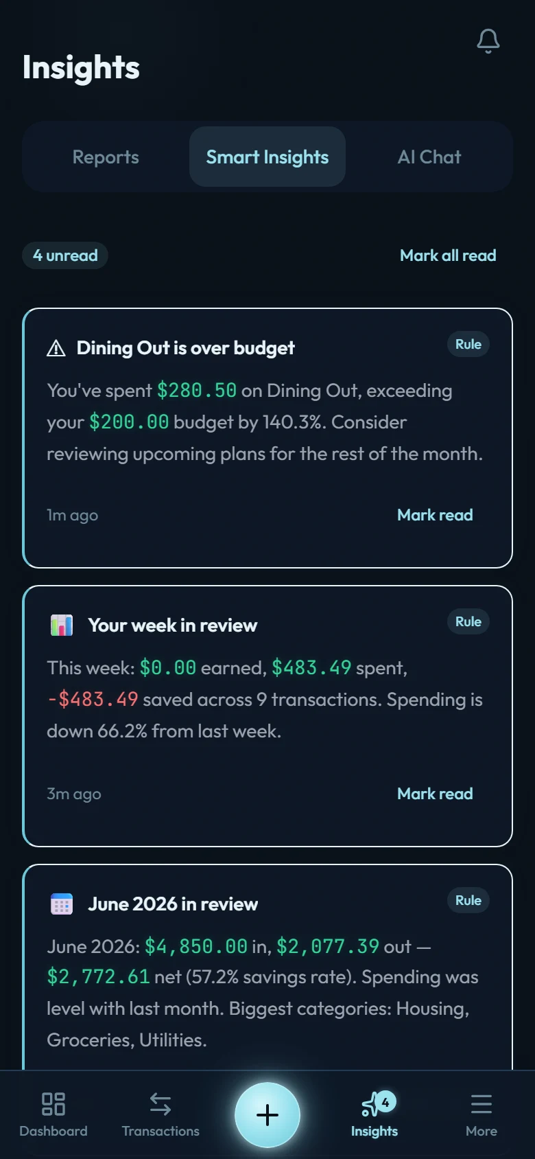 The Smart Insights tab showing a budget alert, a weekly digest, and a month-in-review insight, each carrying a Rule chip
