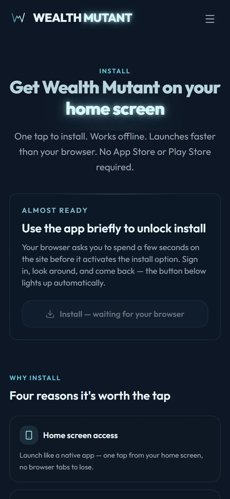 The install page showing platform-specific steps for adding Wealth Mutant to your home screen