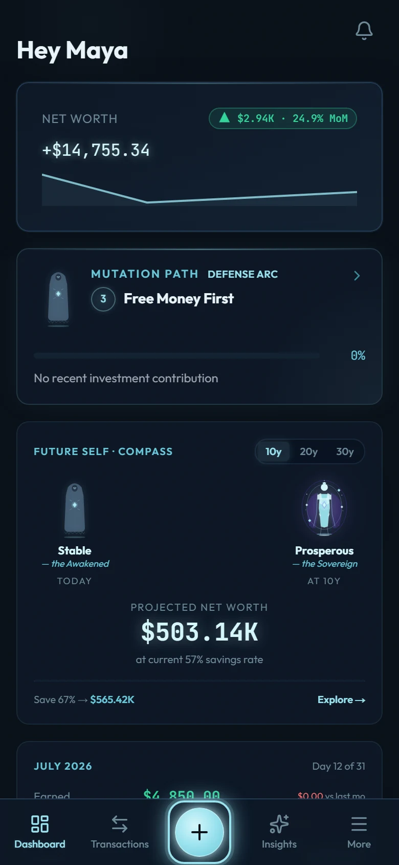 The Wealth Mutant dashboard with the glowing cyan + button highlighted in the center of the bottom navigation bar