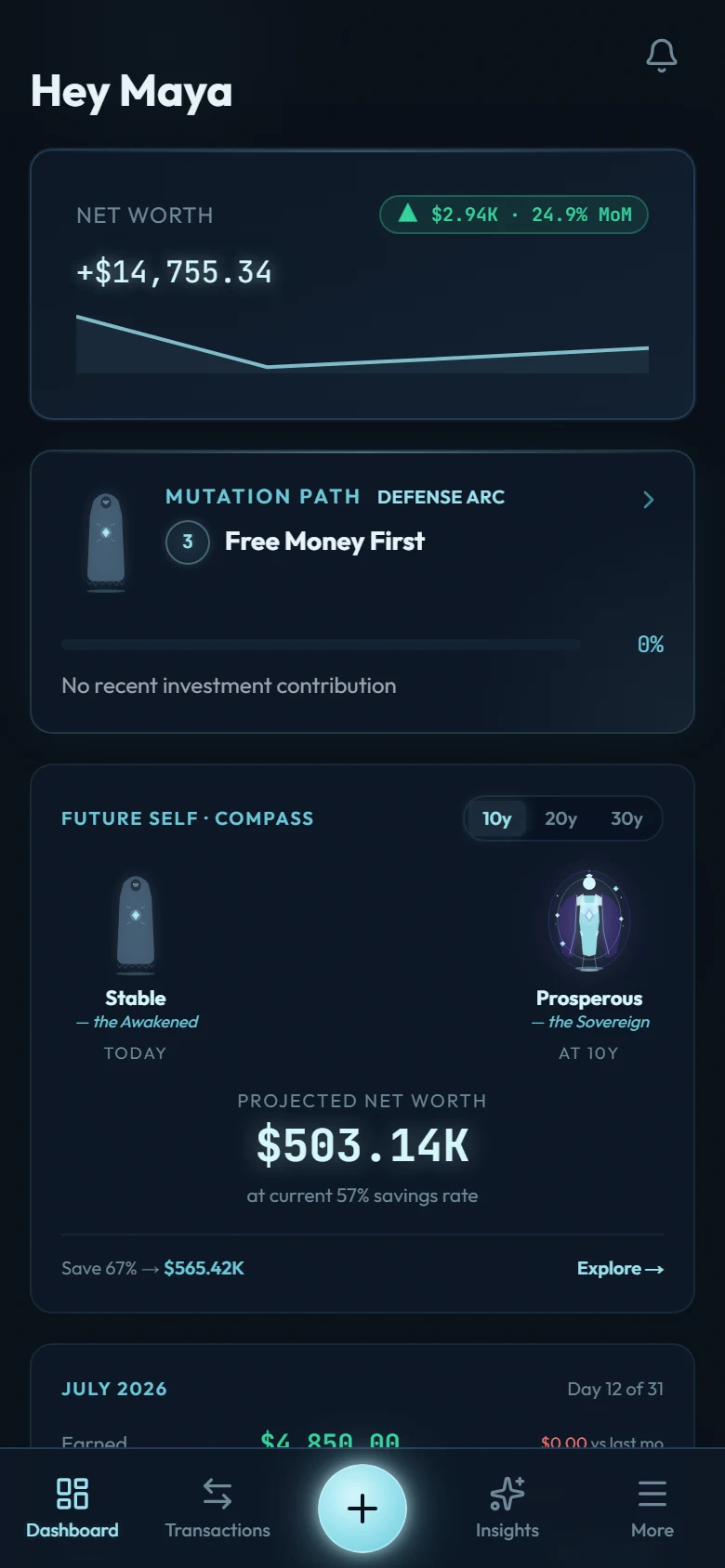 The dashboard showing the Mutation Path card with the current level directly above the Future Self compass card with today's identity and the 10-year projection