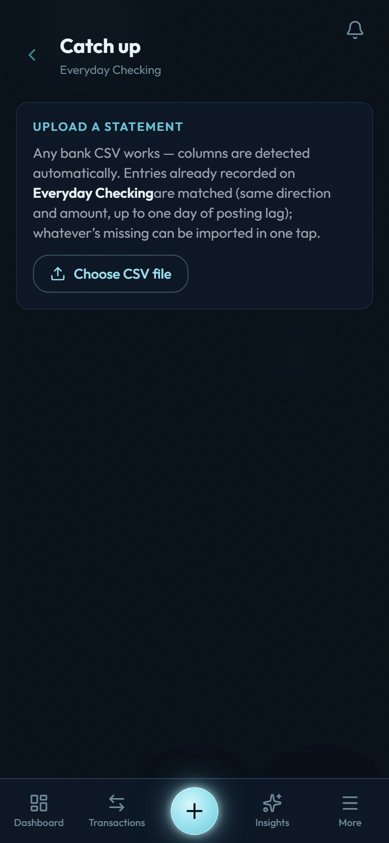 The catch-up screen for a bank account with a statement upload area