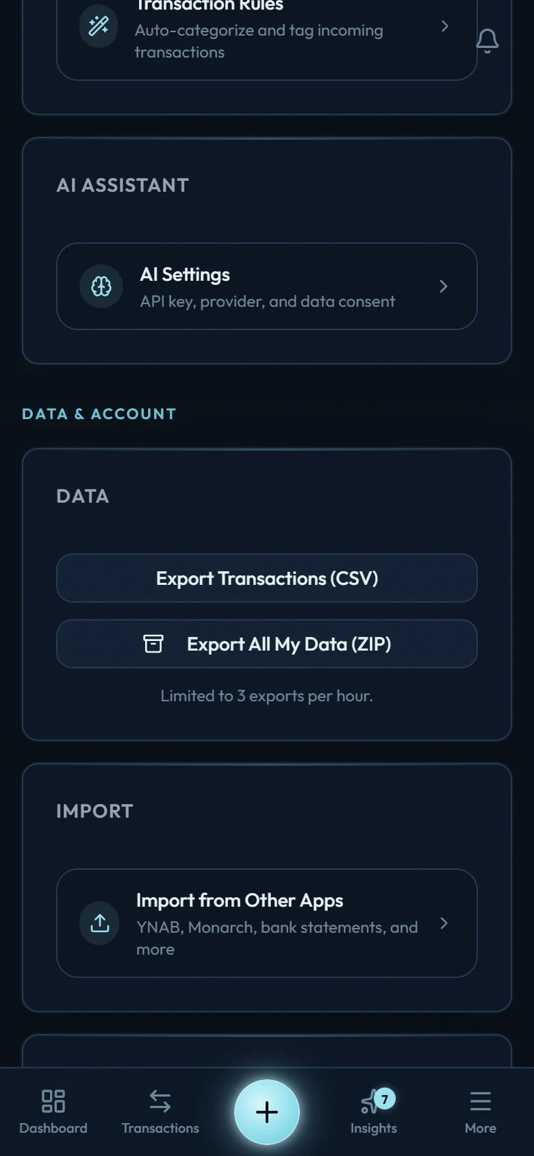 The Data section in settings showing Export Transactions (CSV) and Export All My Data (ZIP) buttons