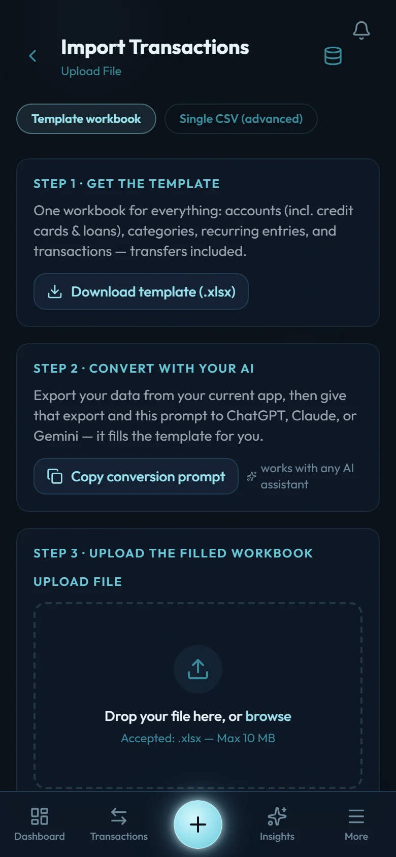 The Import page showing three steps: download the template workbook, copy the AI conversion prompt, and upload the filled workbook