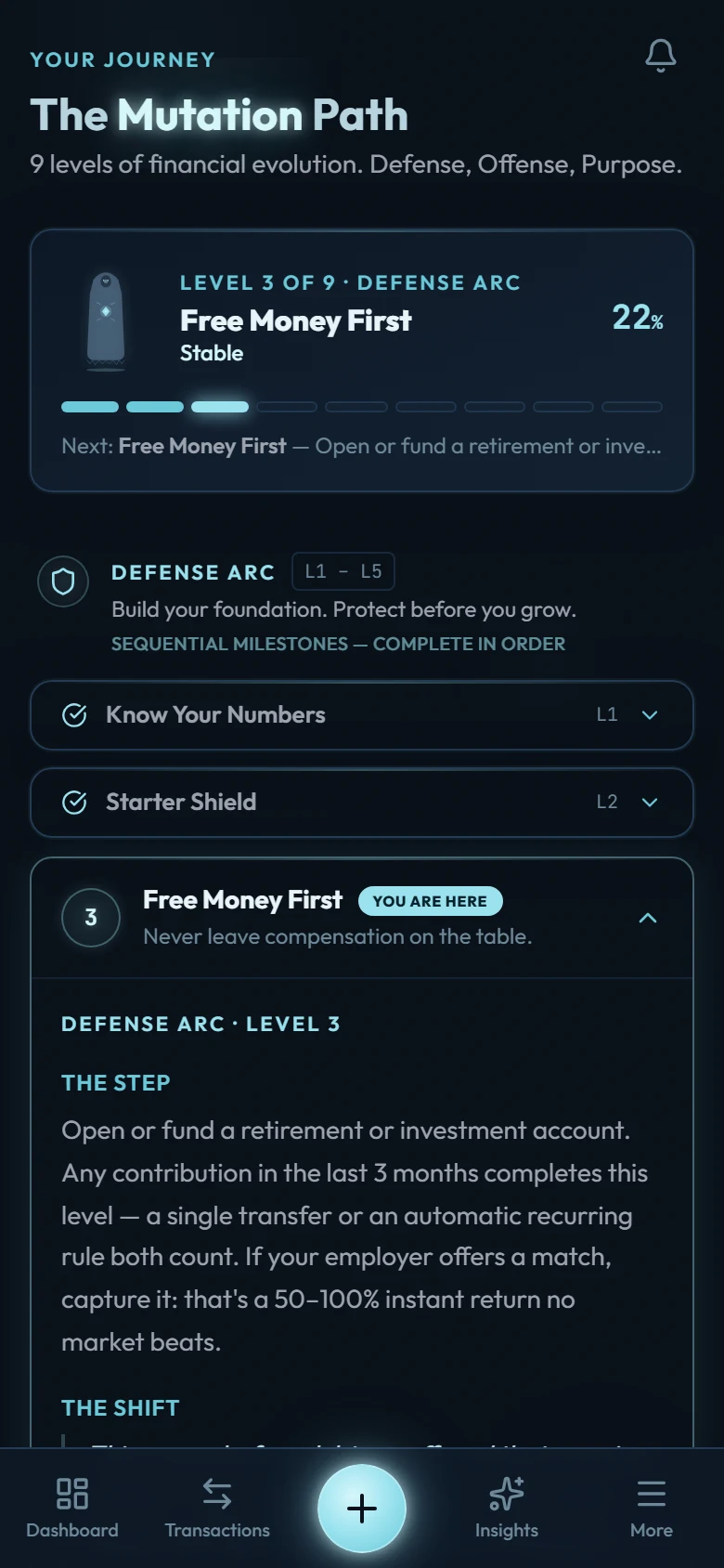 The Mutation Path screen showing the Defense arc with completed levels checked and the current level expanded