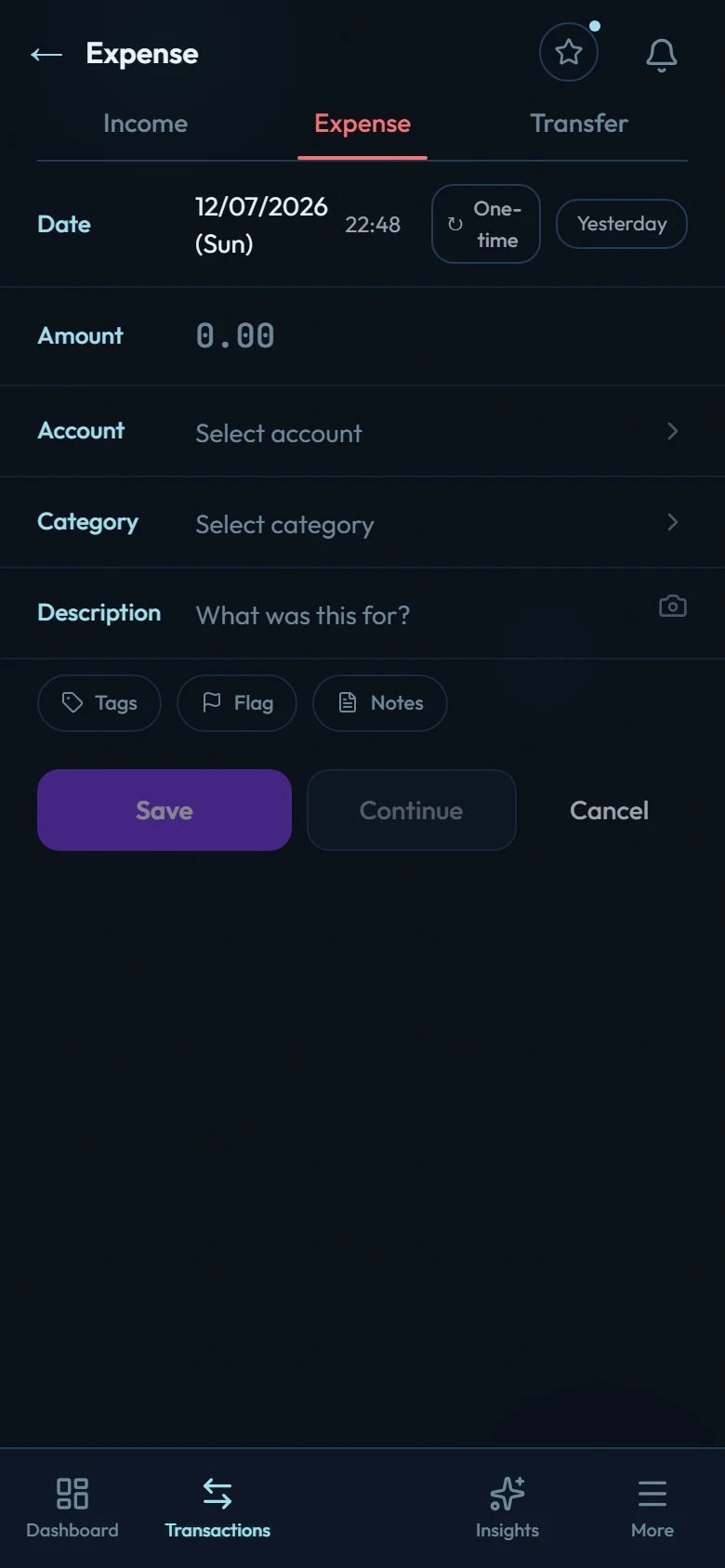 The new transaction form with the type toggle, amount field, account and category selectors, and date field