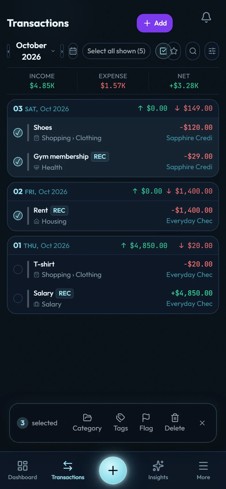 The Transactions list in select mode, with Select all shown (5) at the top and Shoes, Gym membership and Rent ticked. The bar at the bottom reads 3 selected, with Category, Tags, Flag and Delete