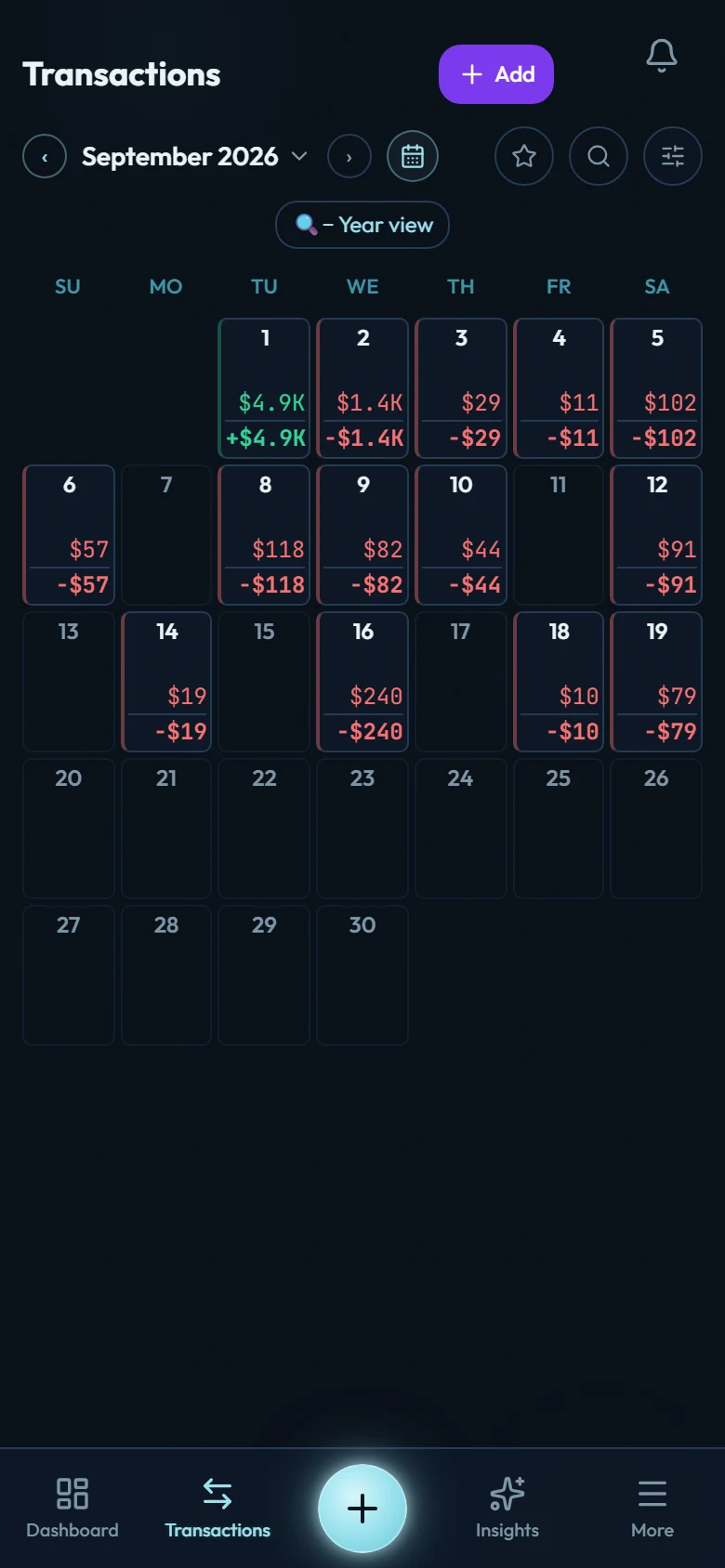 The month calendar for September 2026 on the Transactions screen. Each day with entries shows its money in (green) or out (red) and its net in bold, such as +$4.9K on the 1st, and days with nothing recorded are blank