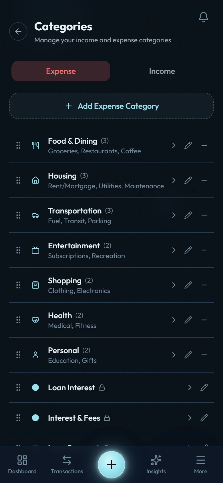 The category settings screen listing expense categories with their icons, colors, and bucket assignments