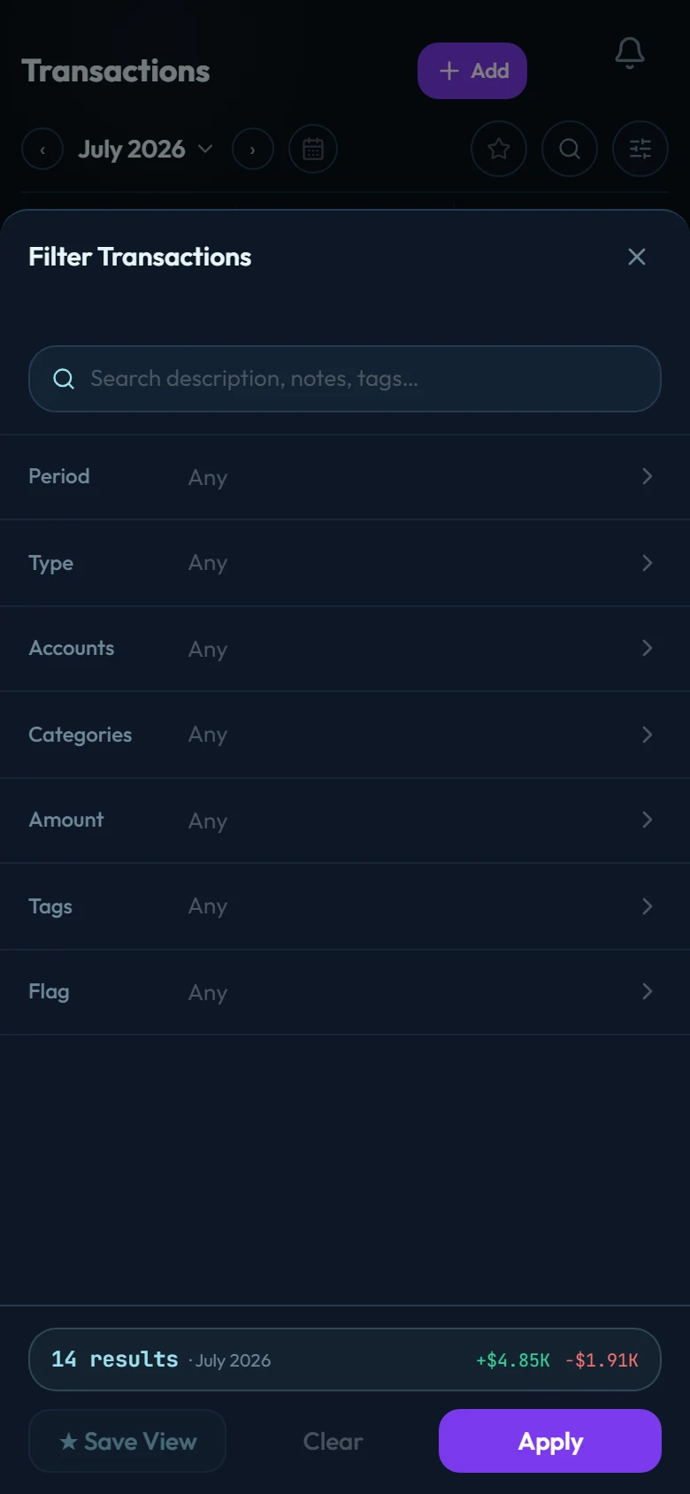 The Filter Transactions sheet showing search, period, type, accounts, categories, amount, tags, and flag filters with a live result count