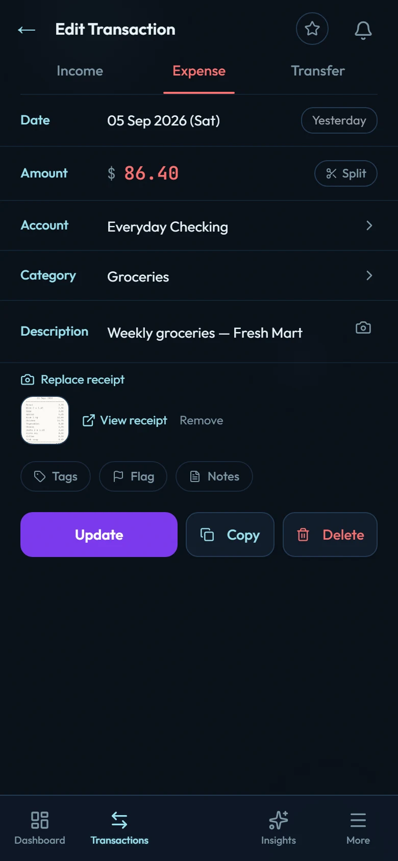 The Edit Transaction form for an 86.40 Fresh Mart grocery purchase. The Description row ends in a camera icon, and under it are Replace receipt, a thumbnail of the receipt, View receipt and Remove