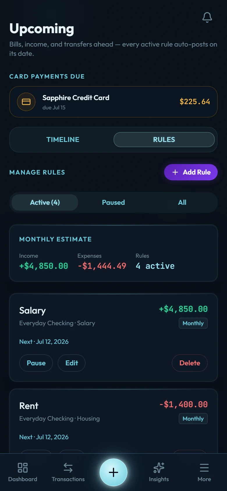 The recurring rules list showing Salary, Rent, Netflix, and Gym membership rules with their amounts and schedules