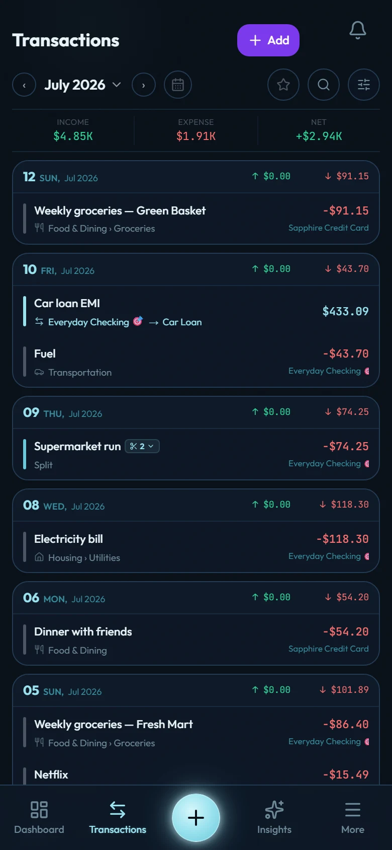The transactions list showing a Supermarket run entry with a Split badge and a two-leg count next to regular transactions