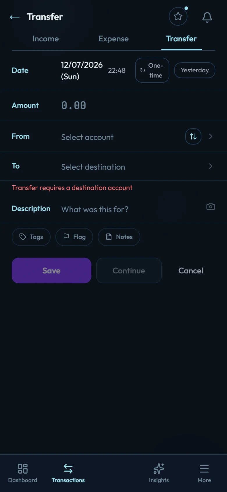 The transaction form with the Transfer type selected, showing from-account and to-account selectors